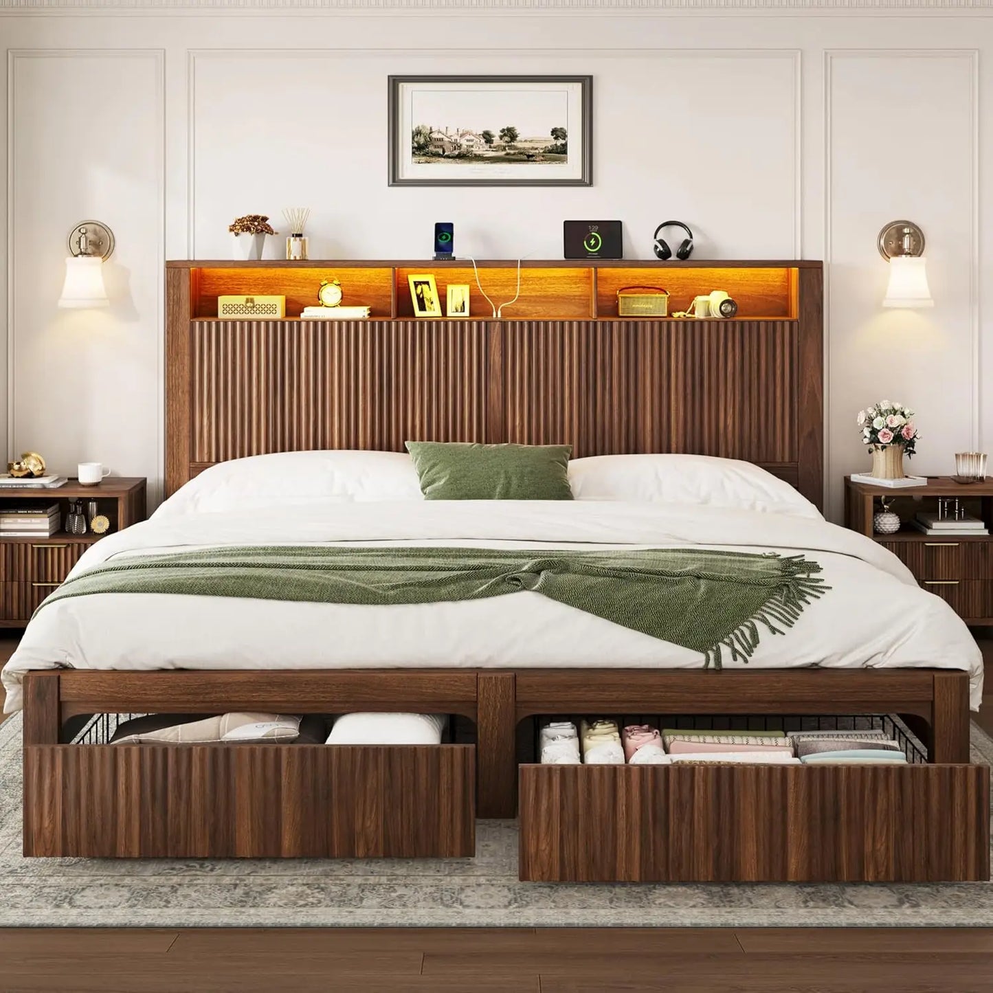 King Bed Frame With Headboard LED Storage Drawers USB