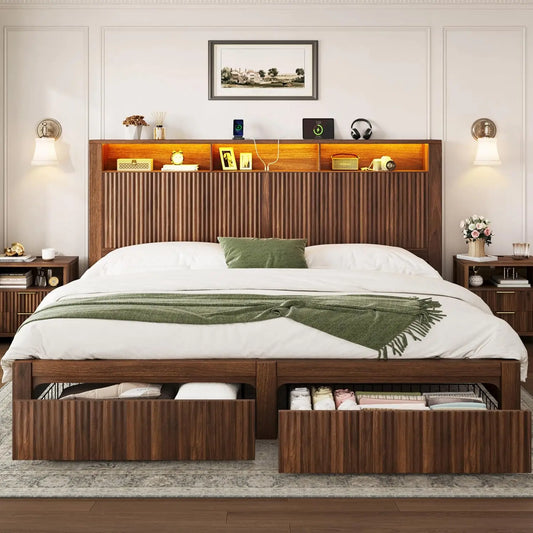 King Bed Frame With Headboard LED Storage Drawers USB