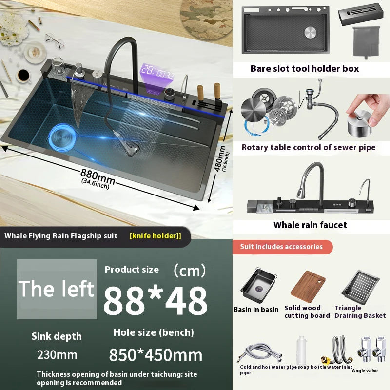 Telisiya Waterfall Kitchen Sink Stainless Steel Single Slot Digital Display