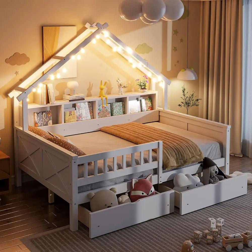 Full-Size Wooden Bed with Storage Drawers, LED Daybed, Shelves, and Safety Rails for Kids - White