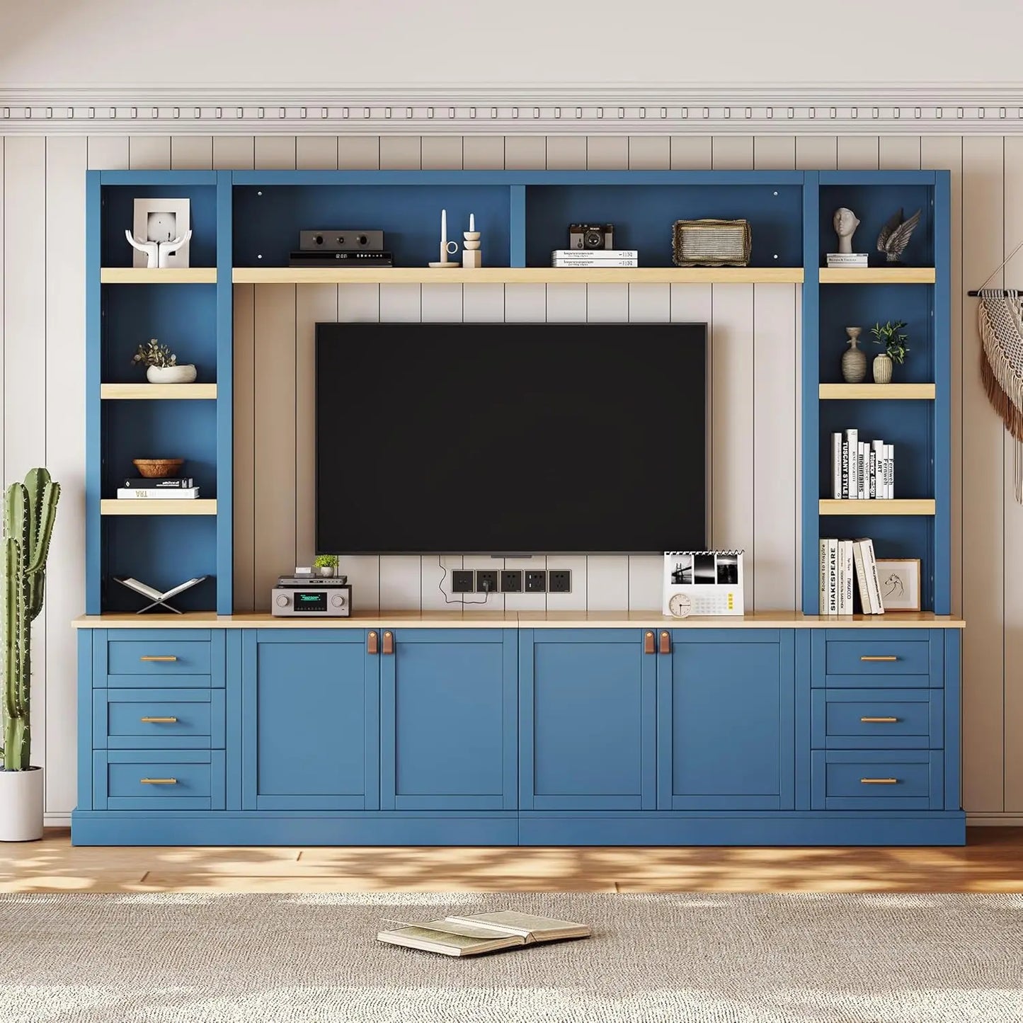 Farmhouse 4-Piece Entertainment Center With Bookshelves And Drawers
