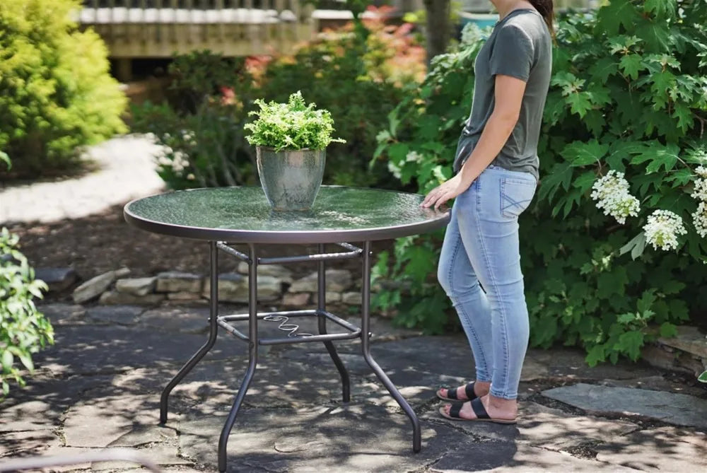 Round Patio Dining Table With Steel Base And Glass Top