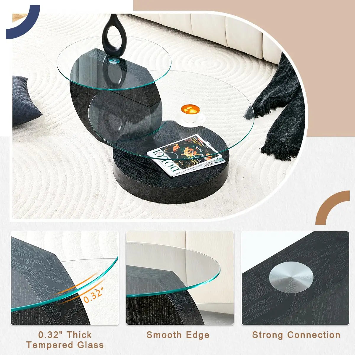 Glass Round Coffee Table Three Tier Tempered Glass Top Wood Base