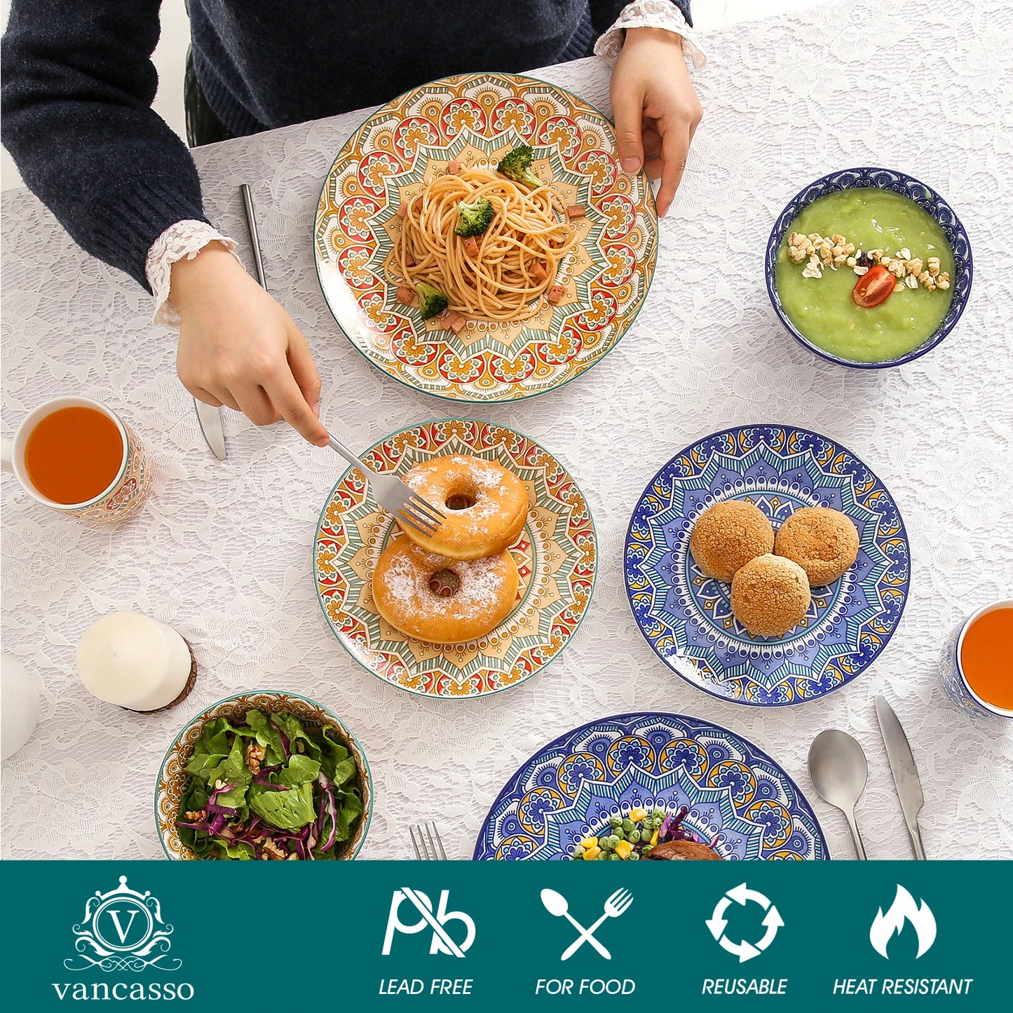 MALACASA Ceramic Dinnerware Set Bohemian Mandala Pattern