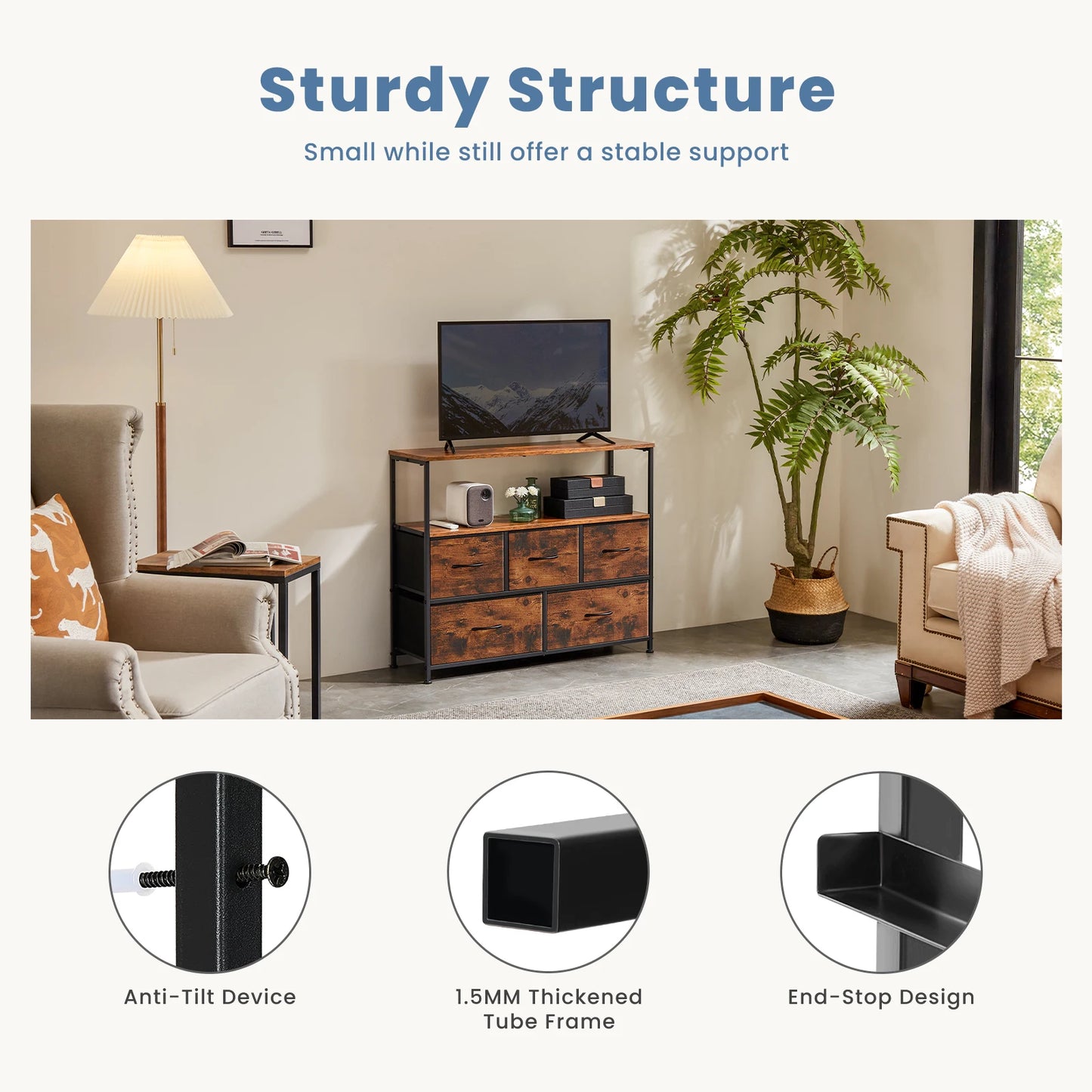 JHK Fireplace TV Stand Dresser With 5 Fabric Drawers Storage