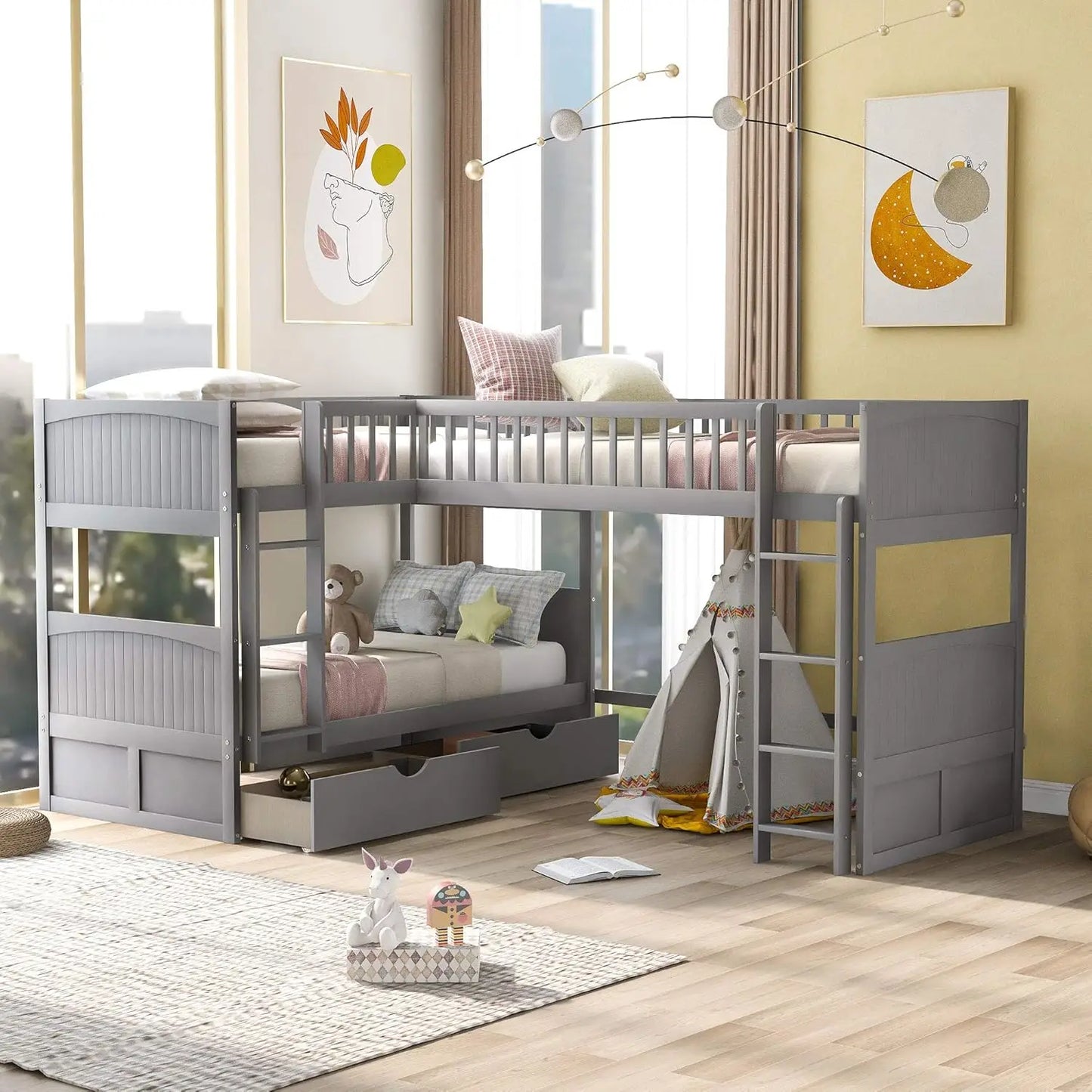 Triple Level Bunk Bed Frame With Integrated Storage Drawers
