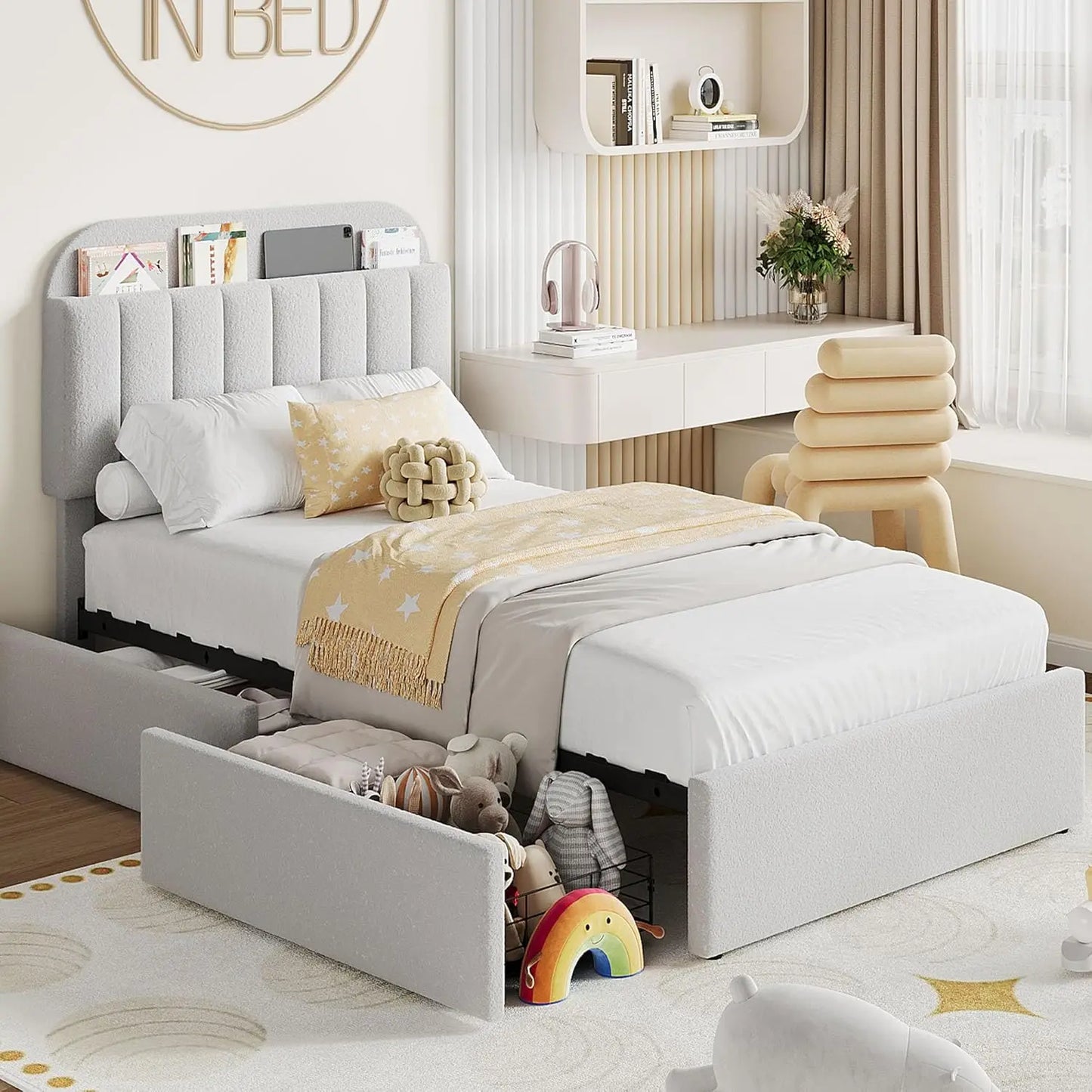 Twin Size Bed Frame with 2 Flexible Drawers, Boucle Upholstered Platform Bed Frame with Bookcase Headboard, Bedframe for Kids/Gi