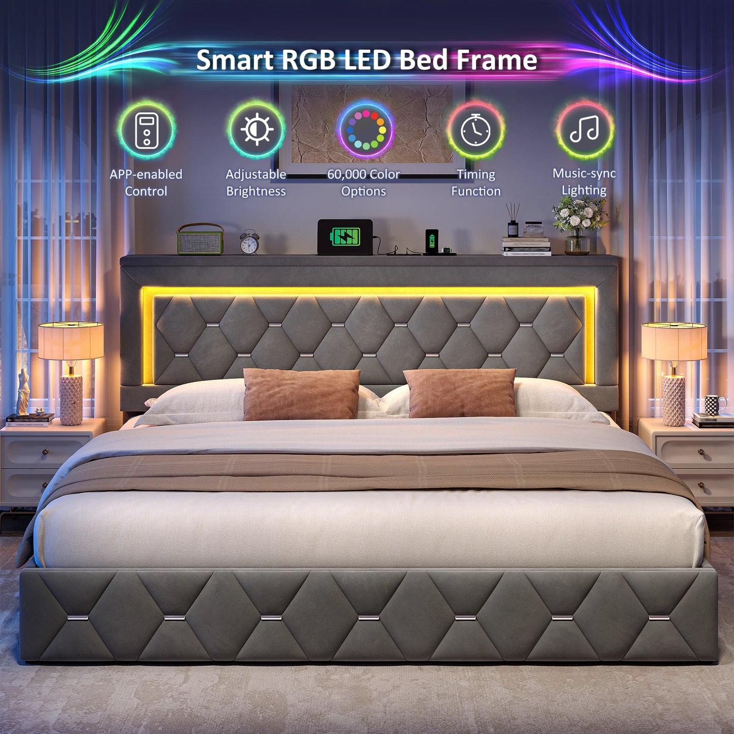 EnHomee LED Platform Bed Frame With Four Storage Drawers And Charging Station
