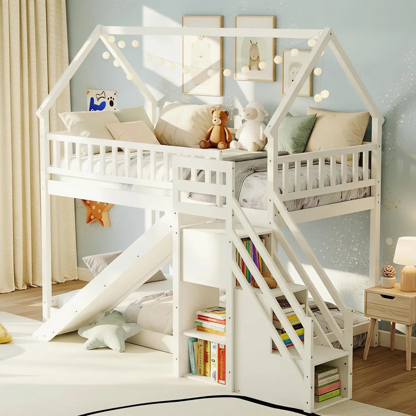 Twin Over Twin Wood Bunk Bed With Slide Guardrails Staircase