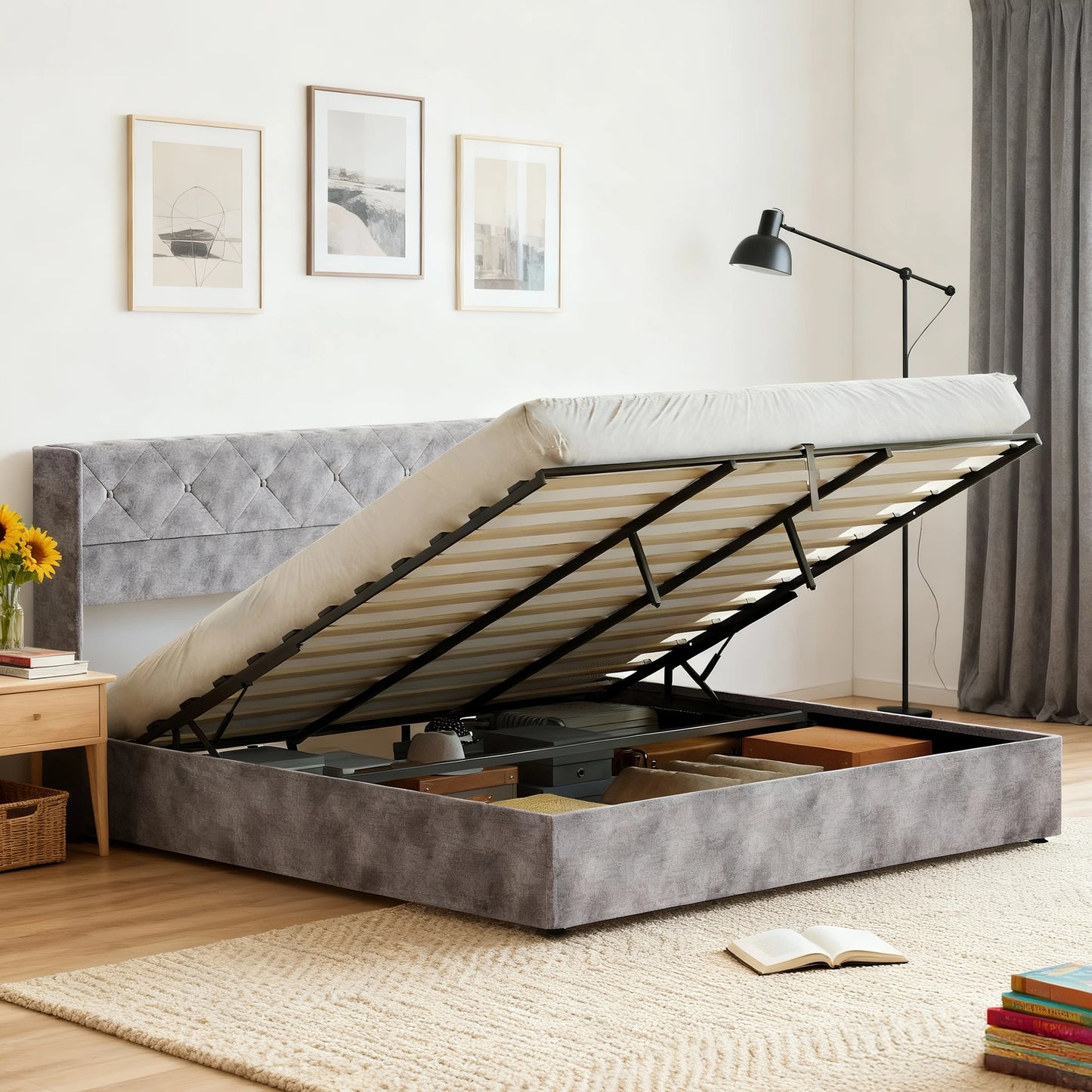 Mcq Hydraulic Lift Up Storage Bed With Wingback Headboard