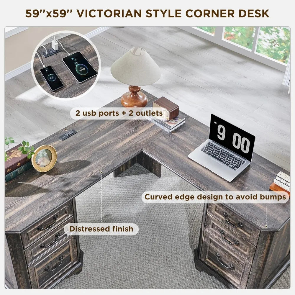 Executive Desk With Drawers Farmhouse Wood Computer Desk