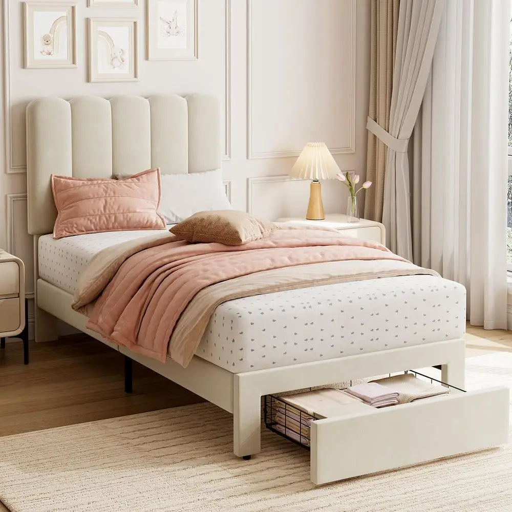 YTYIN Bed Frame With Underbed Drawers And Wave Headboard