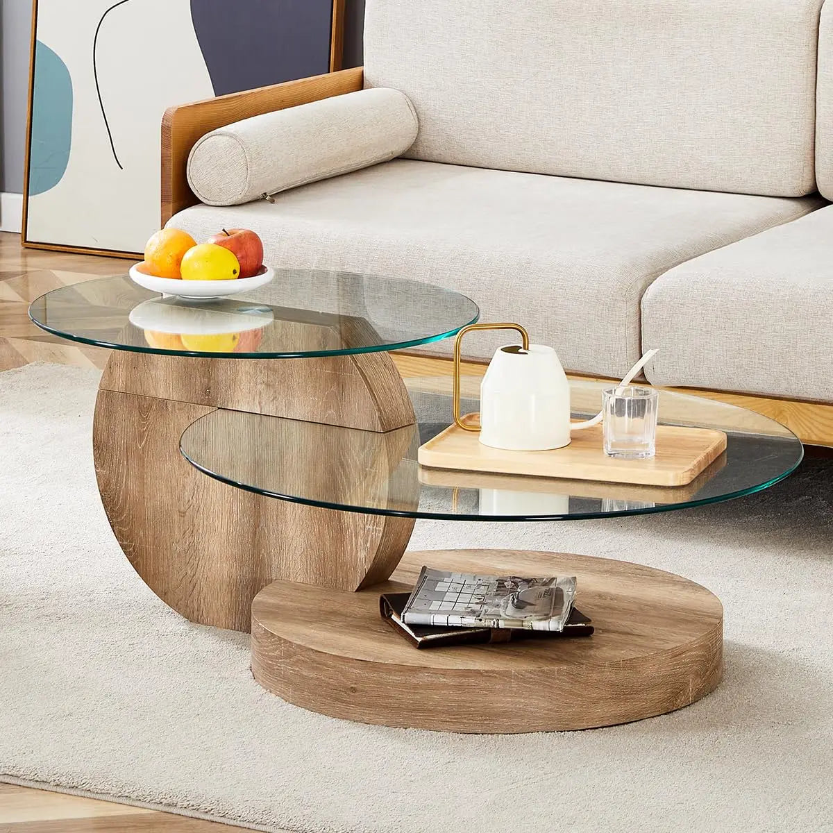 Glass Round Coffee Table Three Tier Tempered Glass Top Wood Base