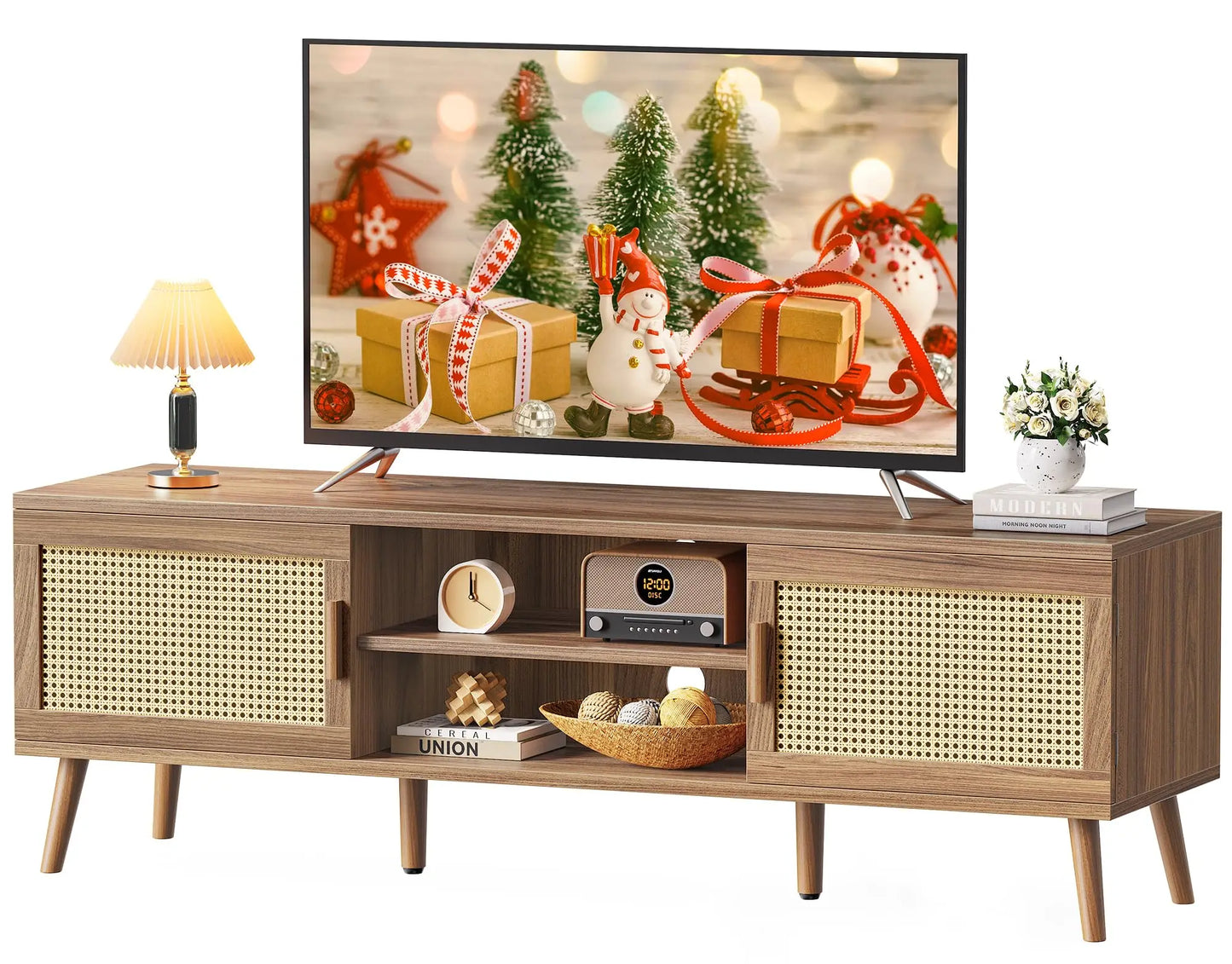 Boho TV Stand Rattan Console With Adjustable Shelves 2 Cabinets