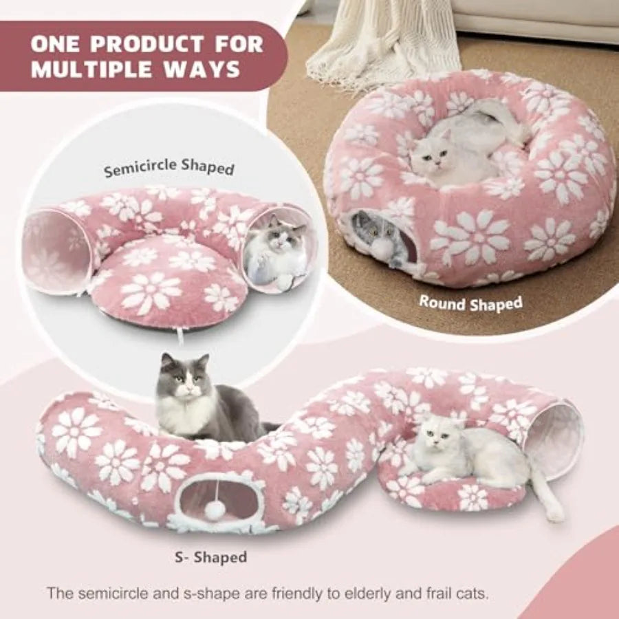 Cat Tunnel for Indoor Cats Cute Peekaboo Cat Cave with Dangling Balls Pet Donut Tunnel Bed with Circle Mat for Puppy Kitten Rab