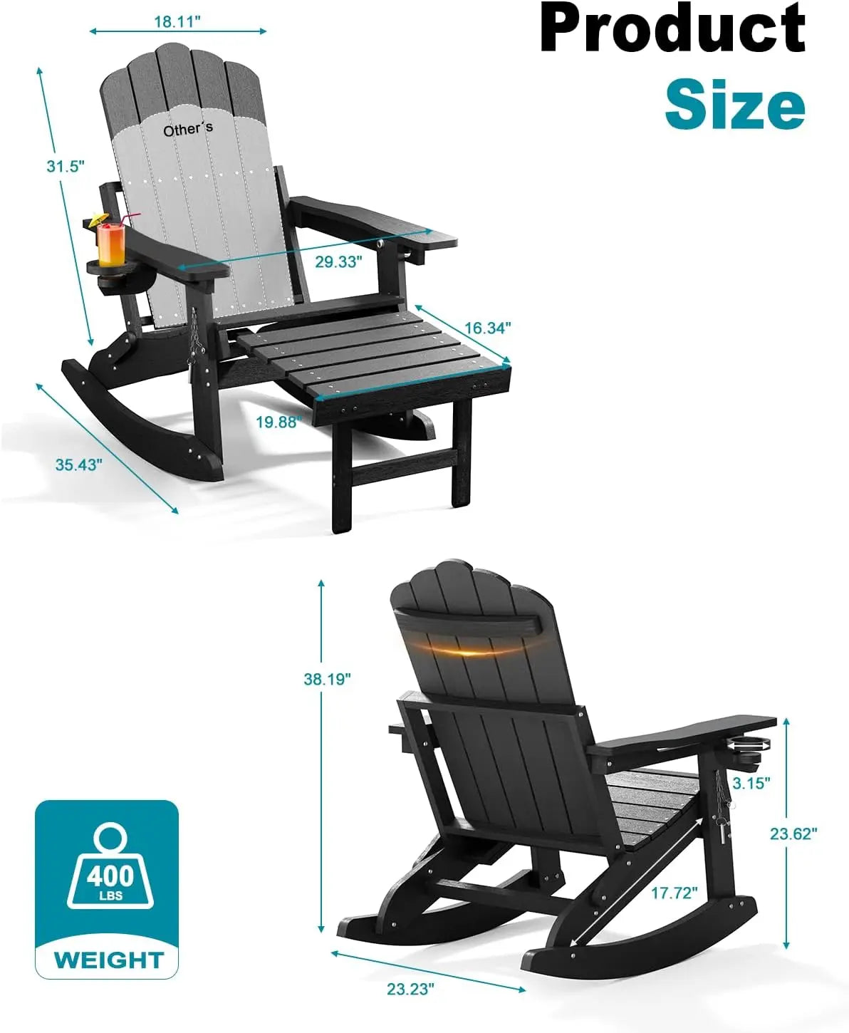 Adirondack Rocking Chairs With Retractable Ottoman And Cup Holders