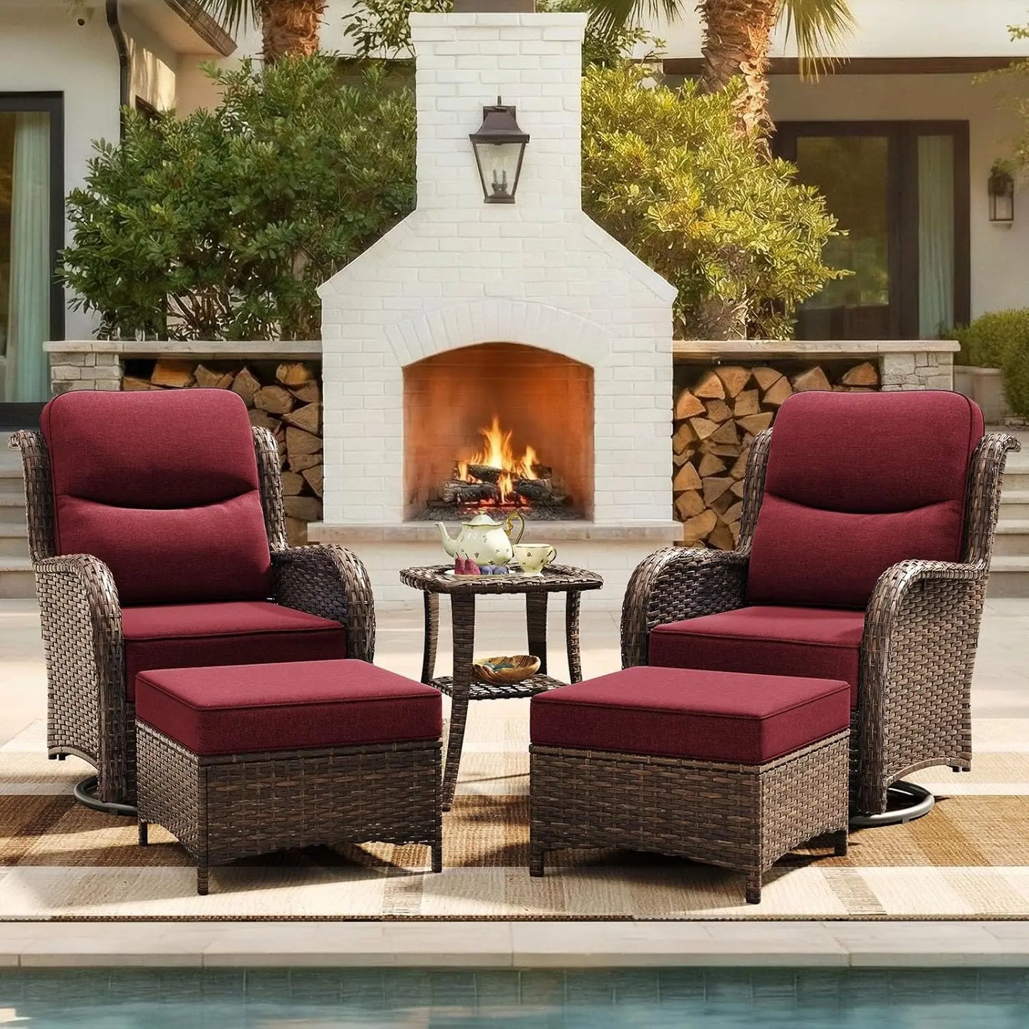 Luxury 5 Piece Wicker Patio Set With High Back Swivel Rocker Chairs