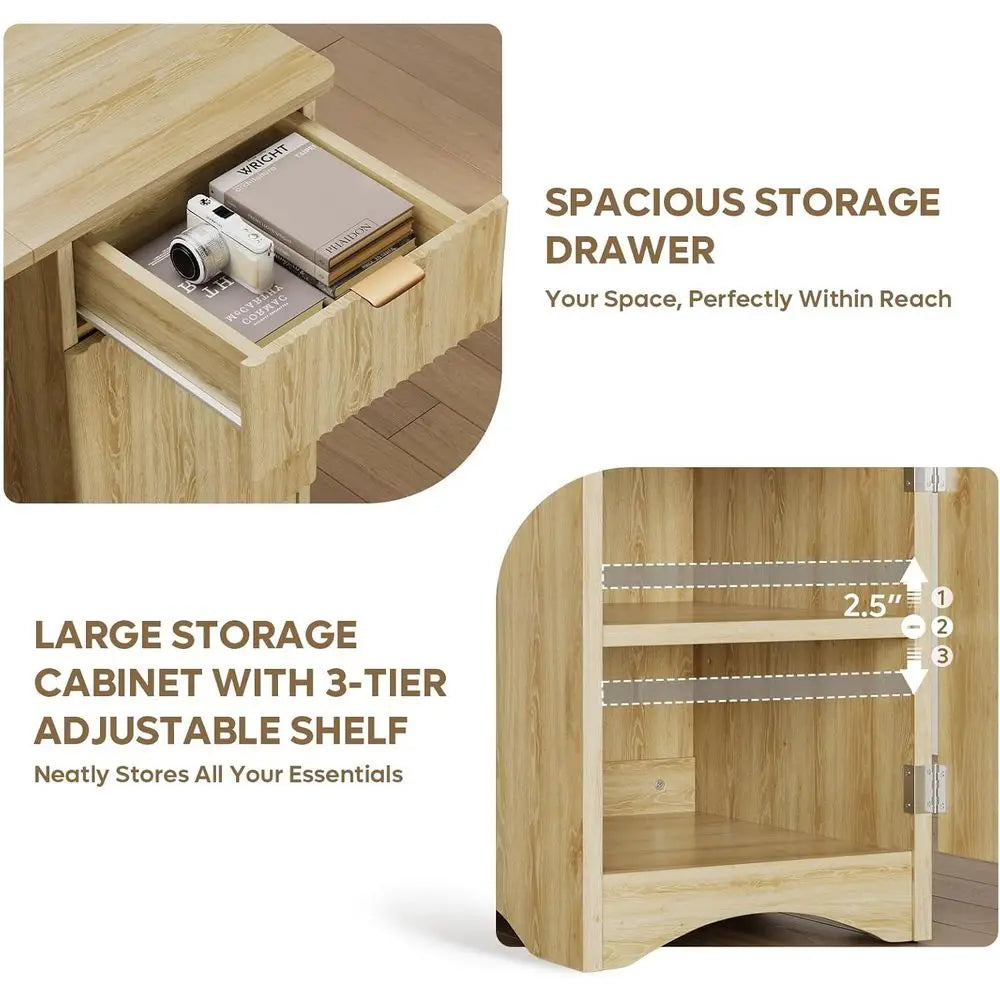L Shaped Luted Computer Desk With Storage Cabinet Natural Oak