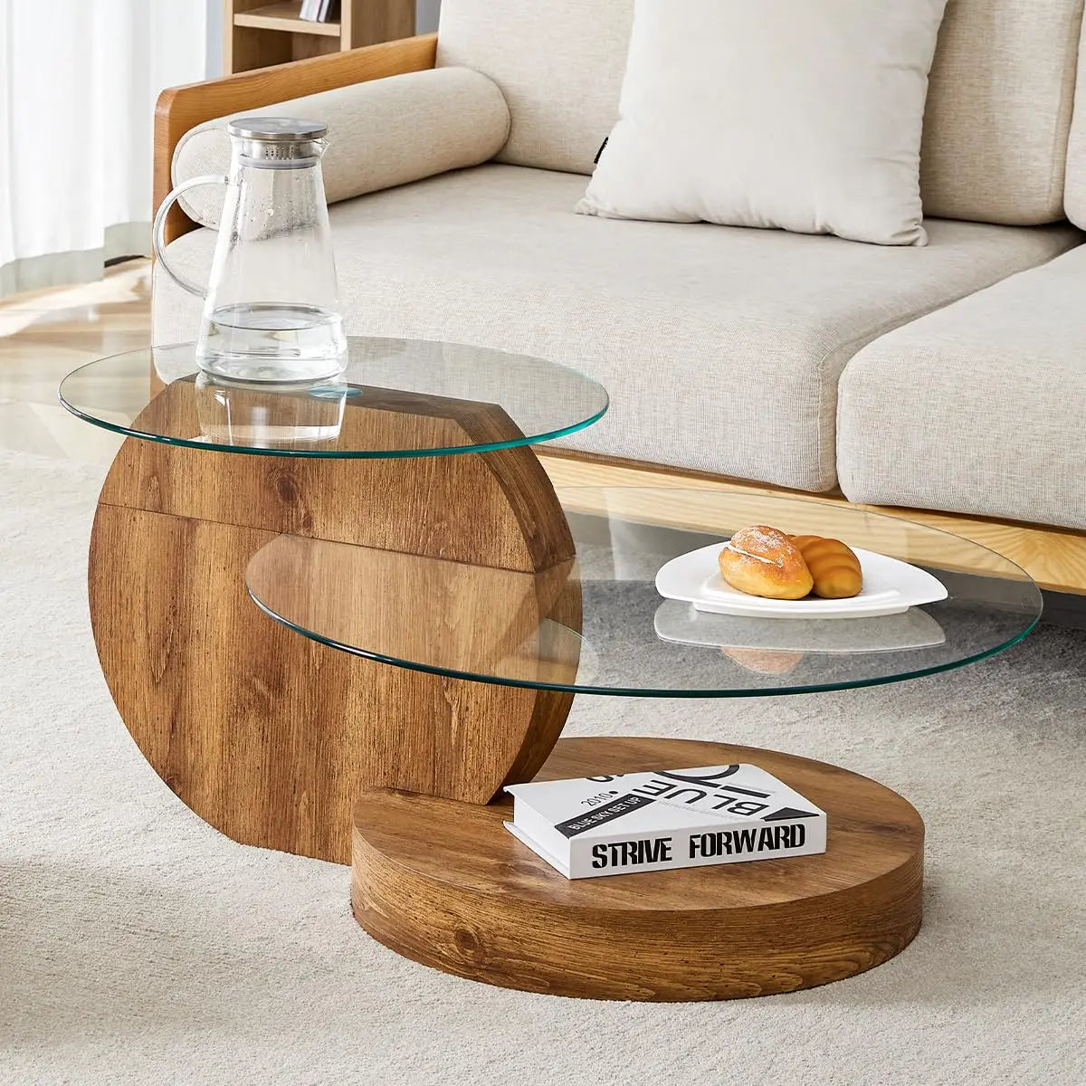 Glass Round Coffee Table Three Tier Tempered Glass Top Wood Base