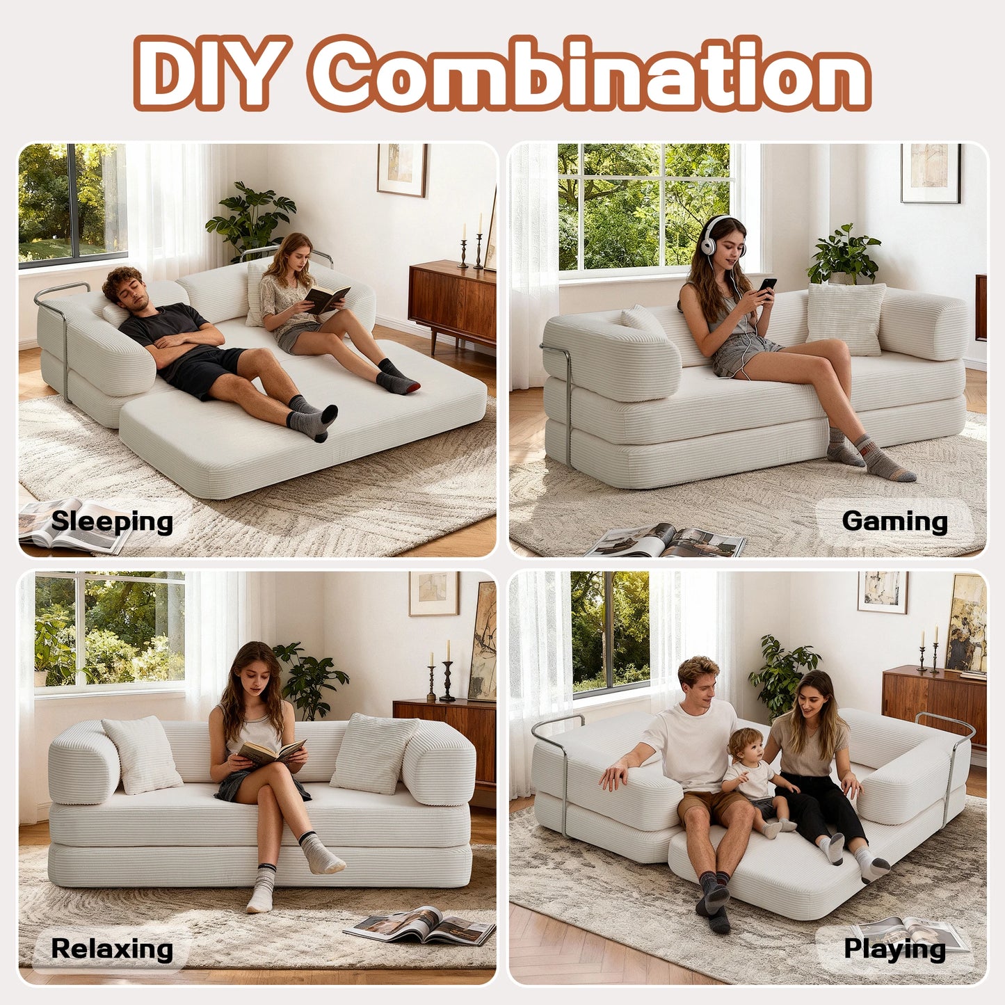 Convertible Futon Sofa Bed With L Shaped Armrests