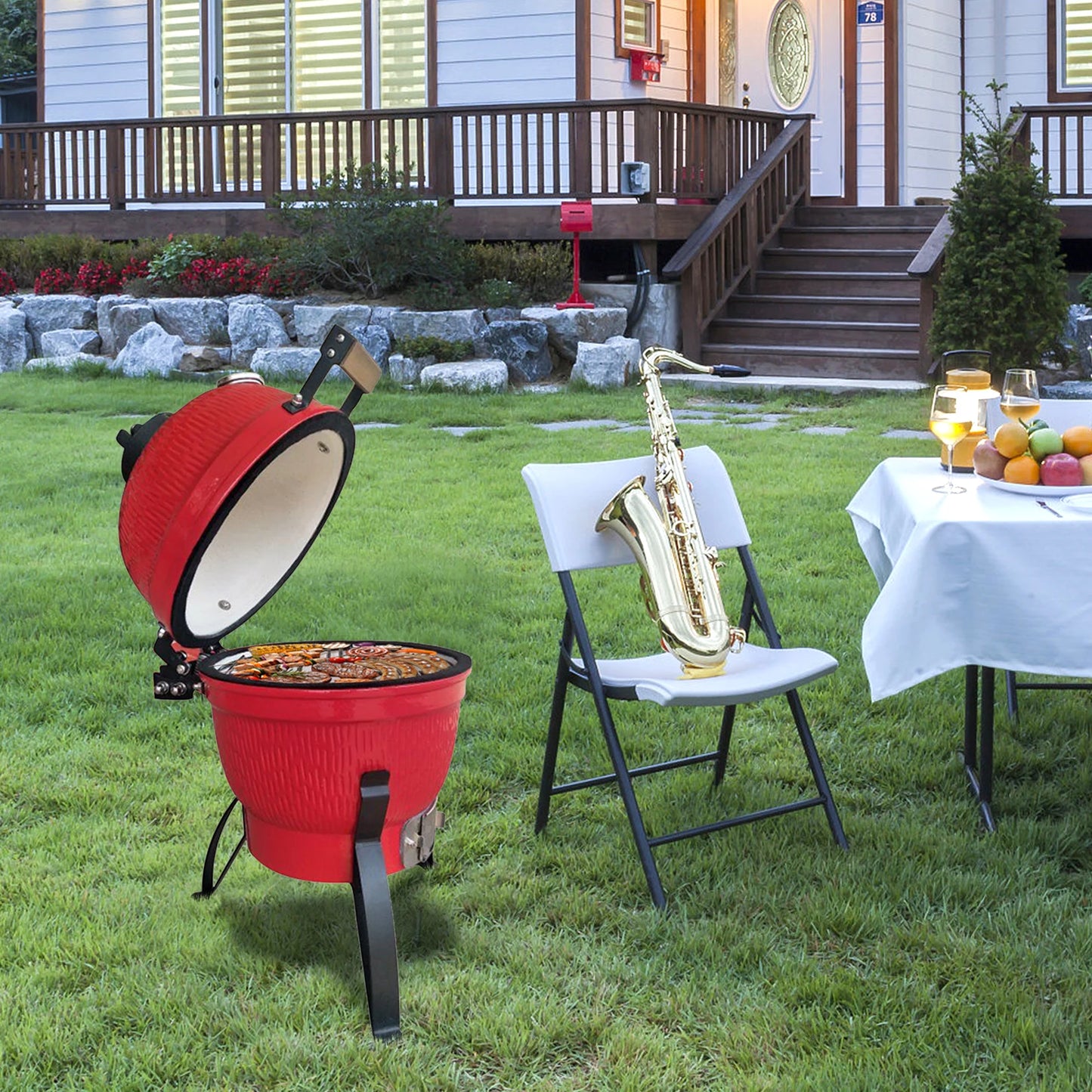 Elenxs Ceramic Asador Kamado Charcoal Grill Outdoor Barbecue Smoker