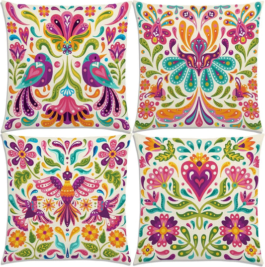 Otomi Colorful Folk Art Bird and Floral Throw Pillow Covers