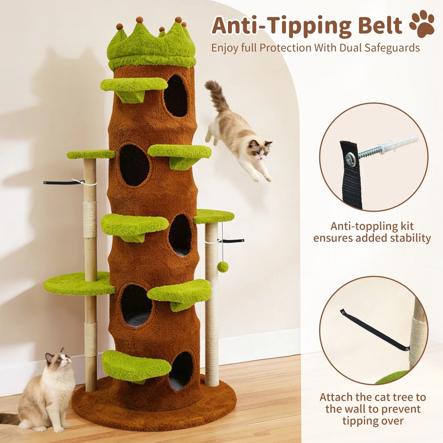 187CM Tall Indoor Cat Tree Tower Large Vibrant Green Cat Climbing Tree Activity Tower Crown-shaped Perch Plush Stairs Cat Condo
