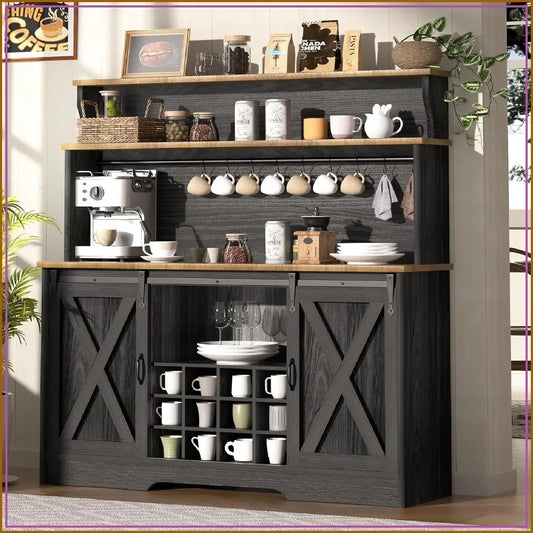 Farmhouse Coffee Bar Cabinet With Hutch And Sliding Barn Door