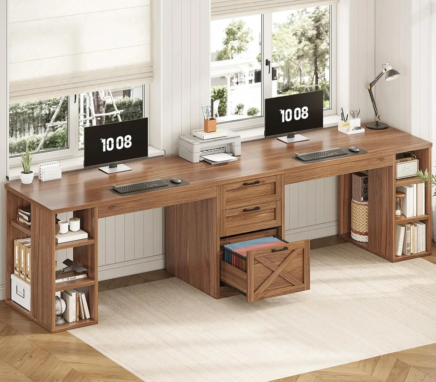 BIANXIANG Farmhouse Style 2 Person Computer Desk With Drawers