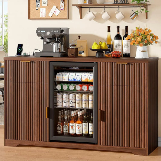 Wooden Coffee Bar Cabinet With Fridge Space And Charging Station