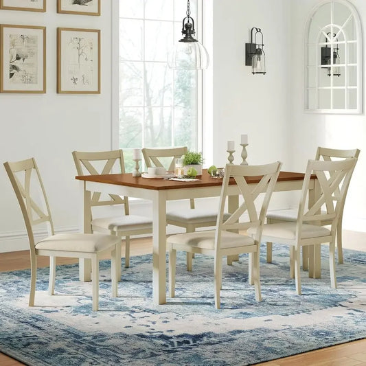 Solid Wood Dining Table Set With Six Upholstered Chairs