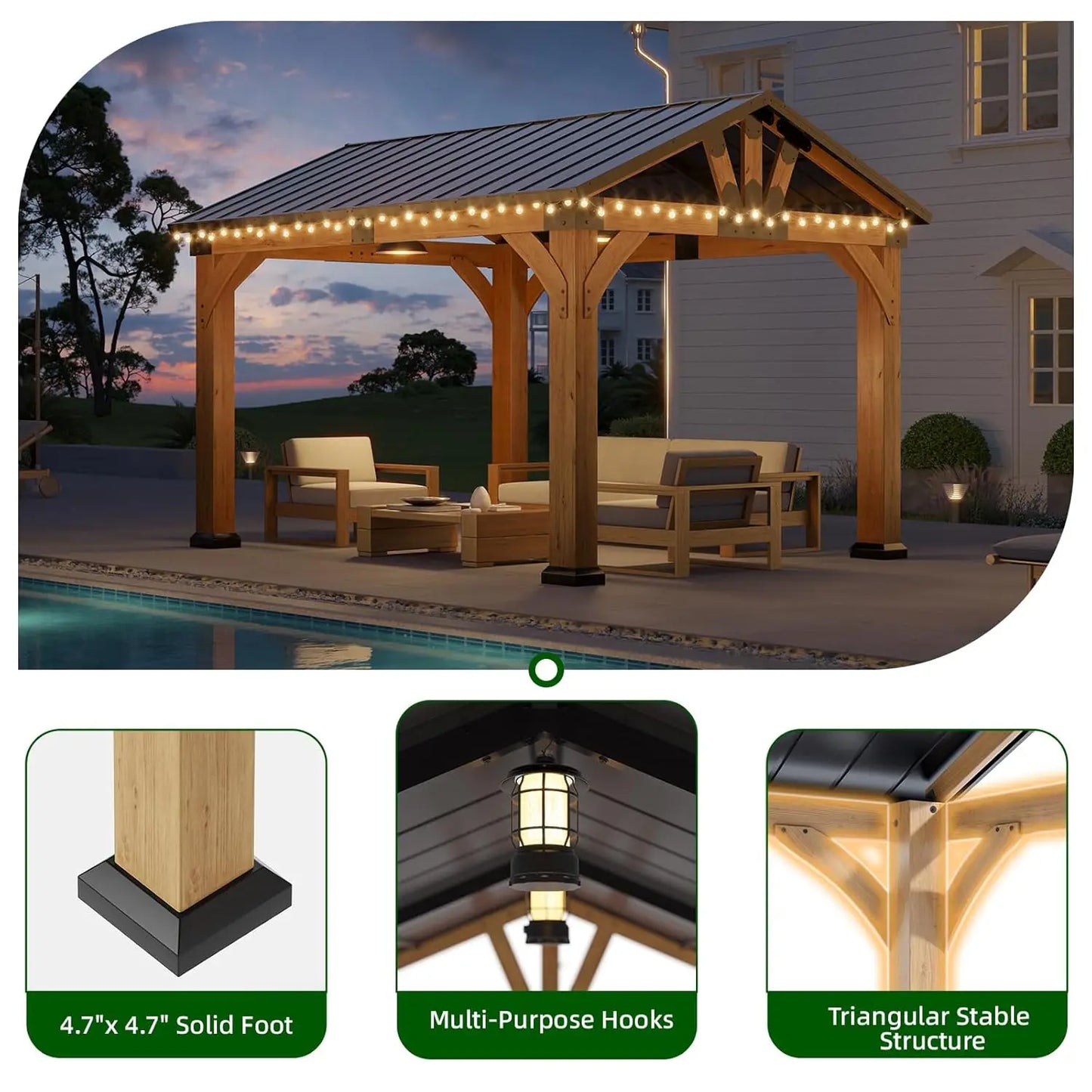 10x12ft Cedar Wood Hardtop Gazebo, Galvanized Steel Peak Roof, Snow & Wind Support for Outdoor Pavilion, Custom