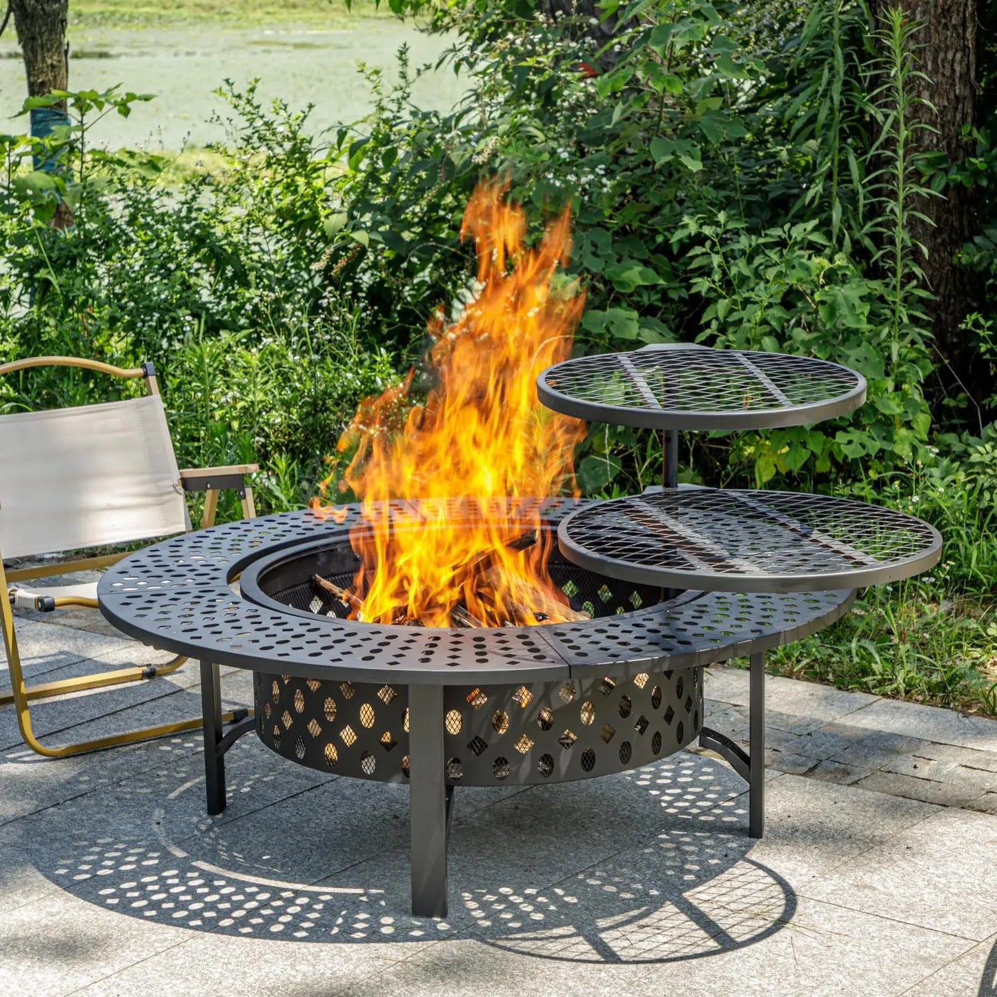 Wood Burning Fire Pit With Two Grills And Lid For Outdoor Use