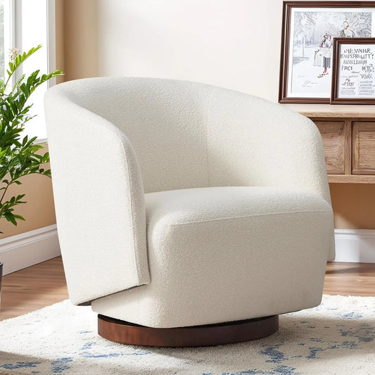 Boucle Swivel Accent Chair 360 Degree Upholstered Armchair Rubberwood Base