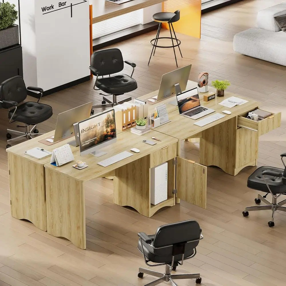 L Shaped Luted Computer Desk With Storage Cabinet Natural Oak