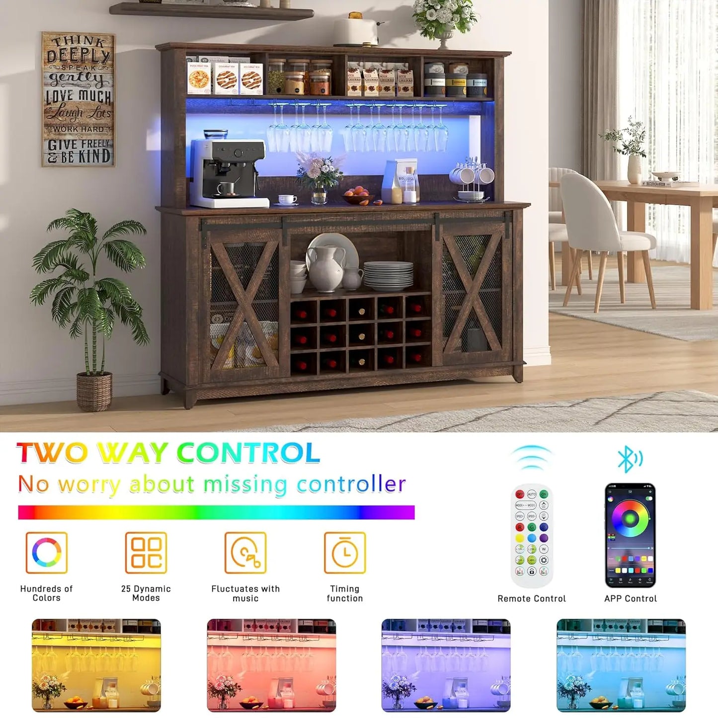 Farmhouse Coffee Bar Cabinet With Led Lights And Power Outlet