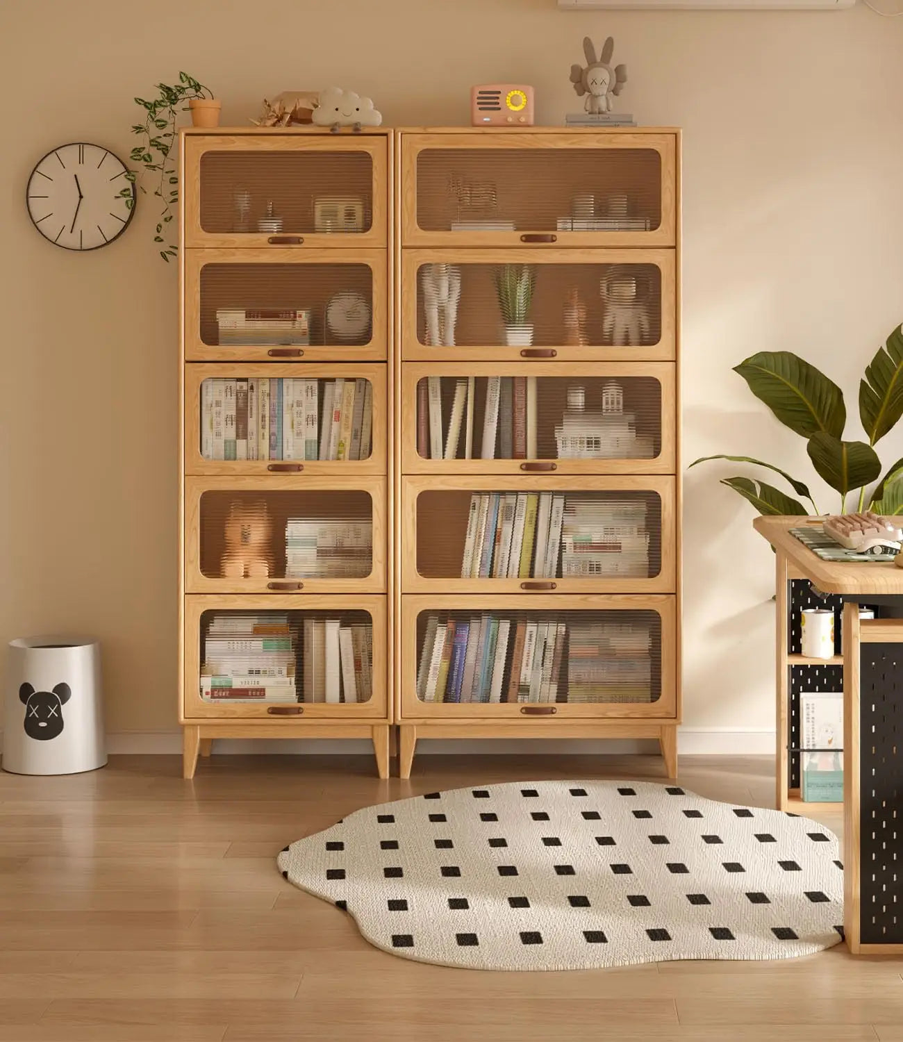 5 Tier Solid Wood Bookcase With Tempered Glass Doors