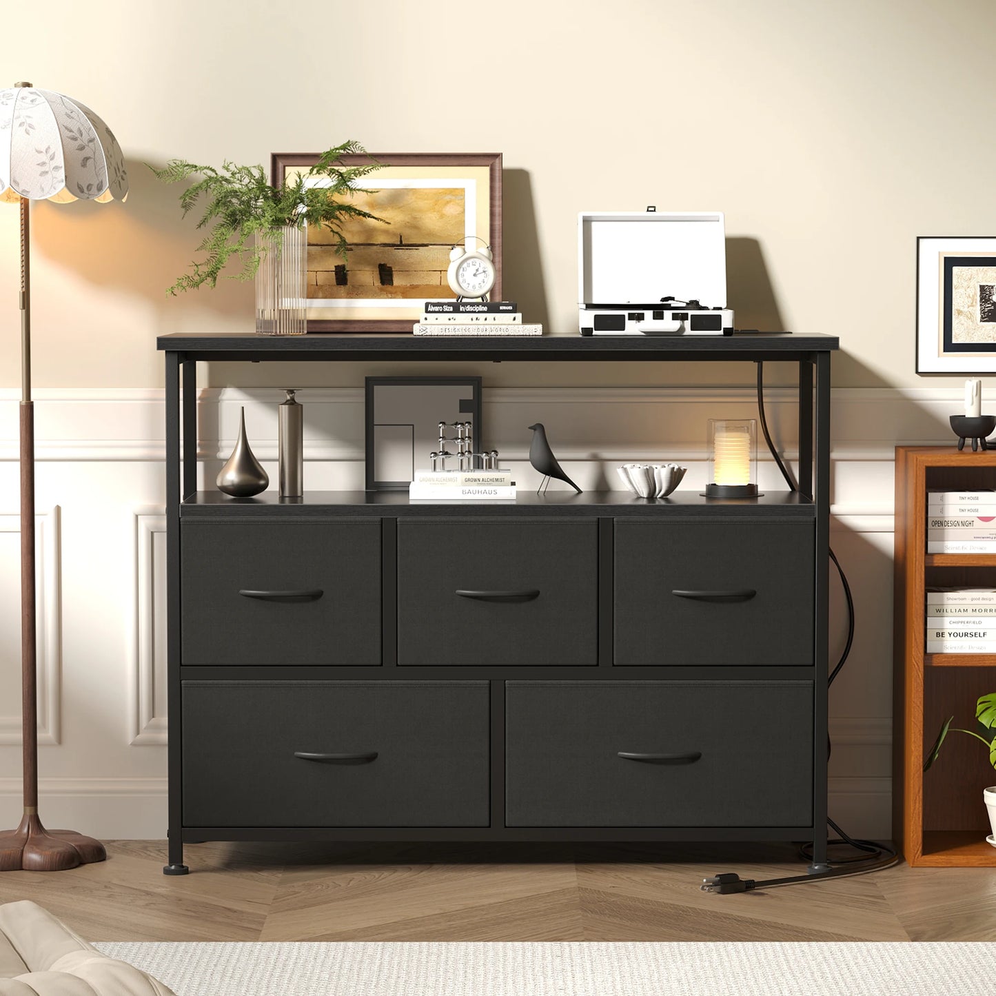 JHK TV Stand With Charging Station Media Console Open Shelves