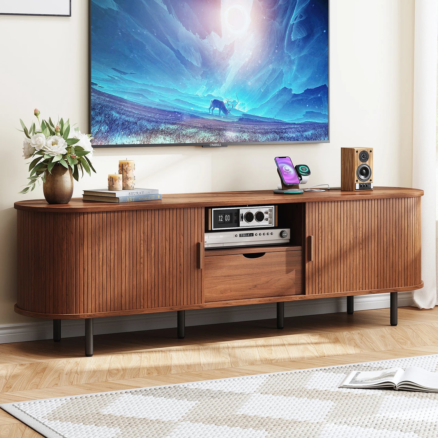 ONBRILL TV Stand With Power Outlet Storage And Adjustable Shelves