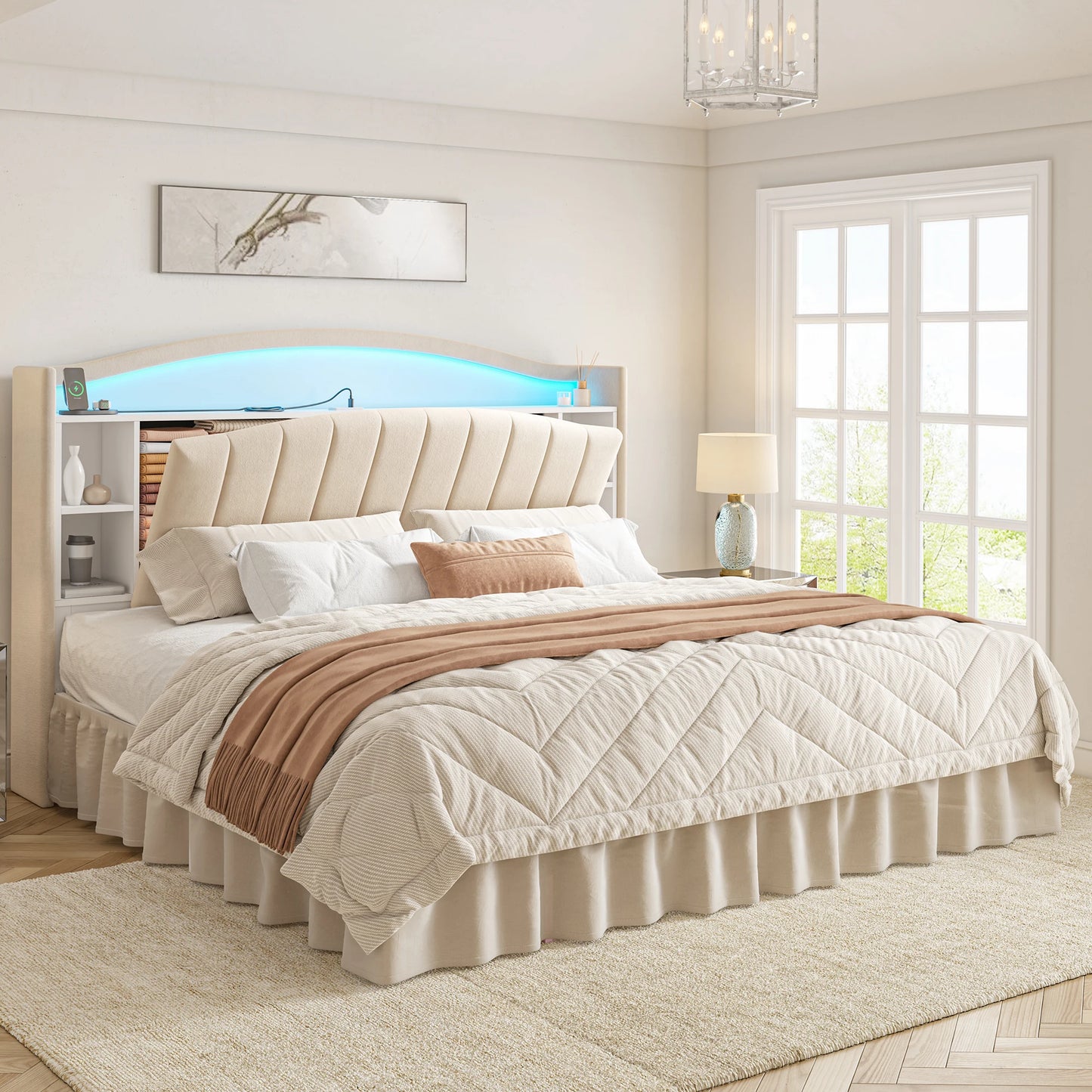 EnHomee Bookcase Platform Bed Frame With LED Lights