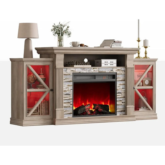Electric Fireplace TV Stand Modern Farmhouse Entertainment Center Glass Cabinet