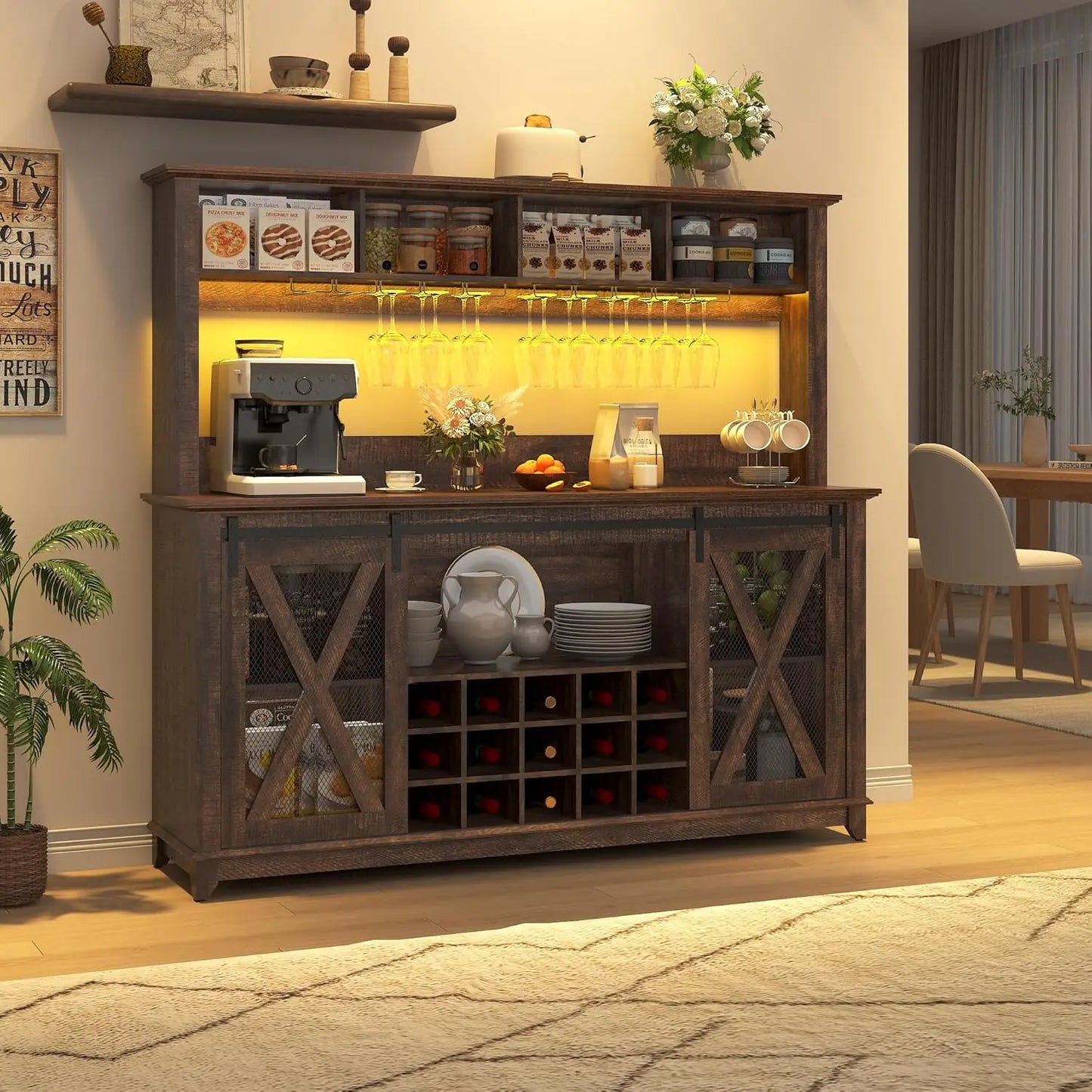 Farmhouse Coffee Bar Cabinet With Led Lights And Power Outlet