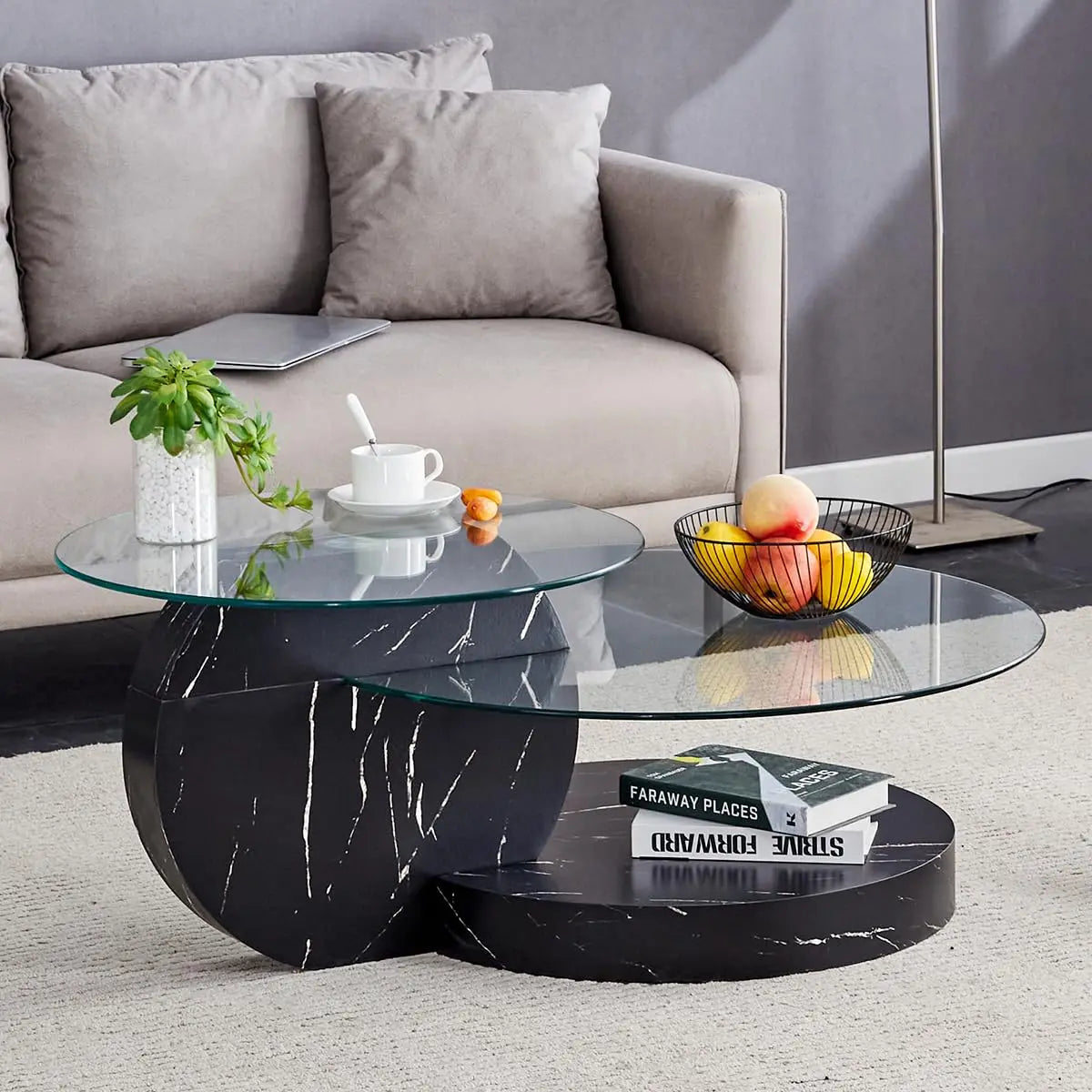 Glass Round Coffee Table Three Tier Tempered Glass Top Wood Base