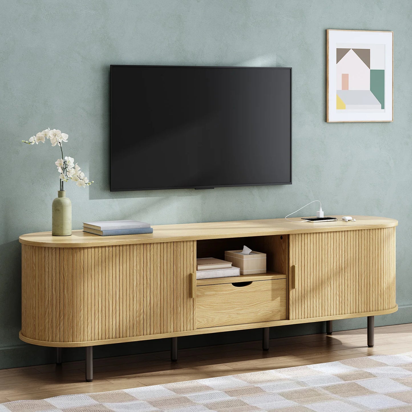 ONBRILL TV Stand With Power Outlet Storage And Adjustable Shelves