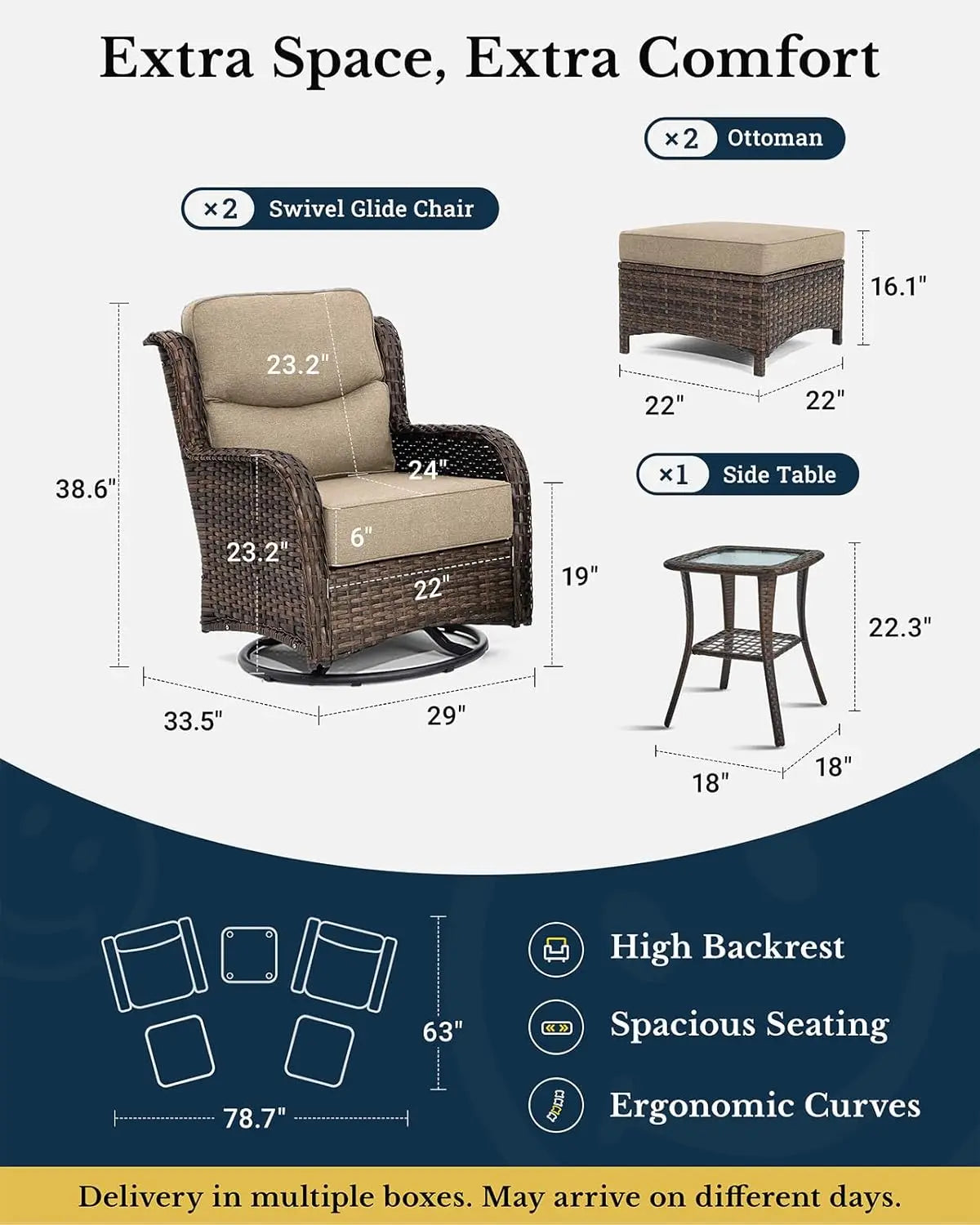 Luxury 5 Piece Wicker Patio Set With High Back Swivel Rocker Chairs