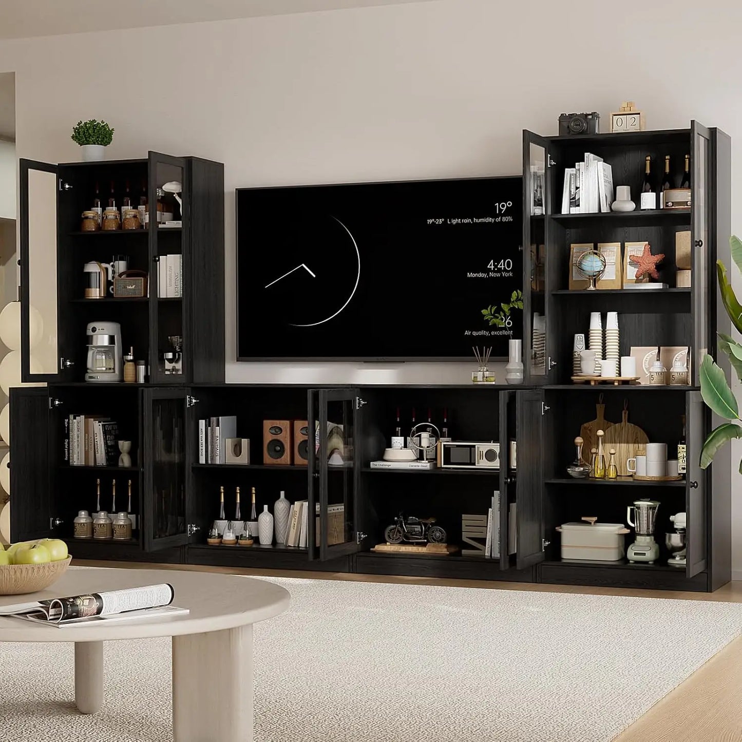 Modular TV Stand With Glass Doors And Bookcases Entertainment Center