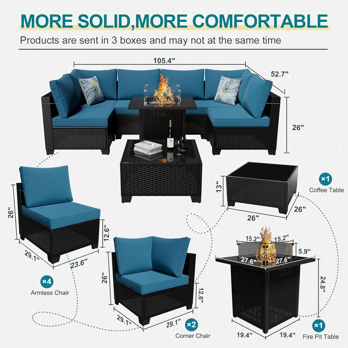 Durable Patio Furniture Set With Fire Pit Table Outdoor Rattan Sectional Sofa