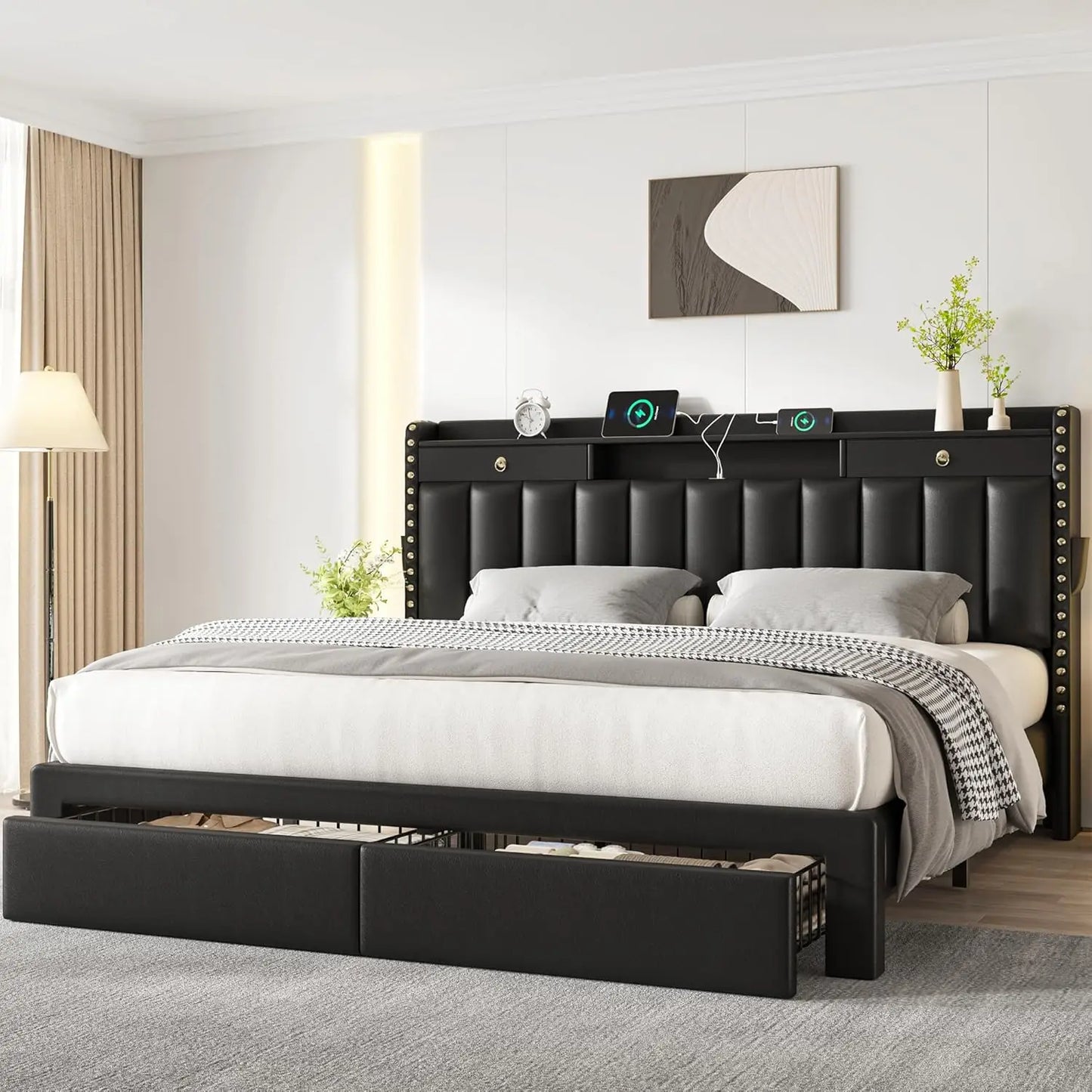 MOYU Velvet Upholstered Platform Bed Frame With Headboard And Drawers