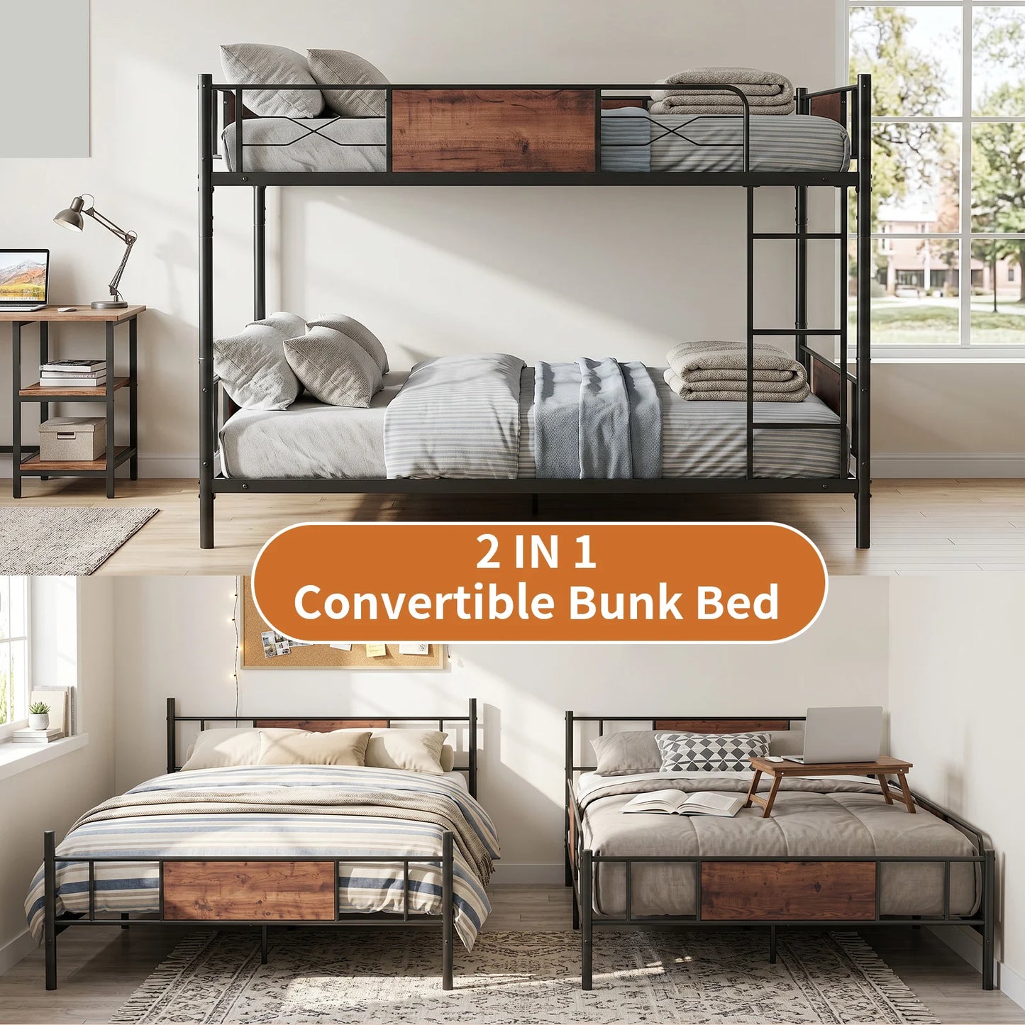 Detachable Metal Bunk Bed Frame With Ladder And Guardrail