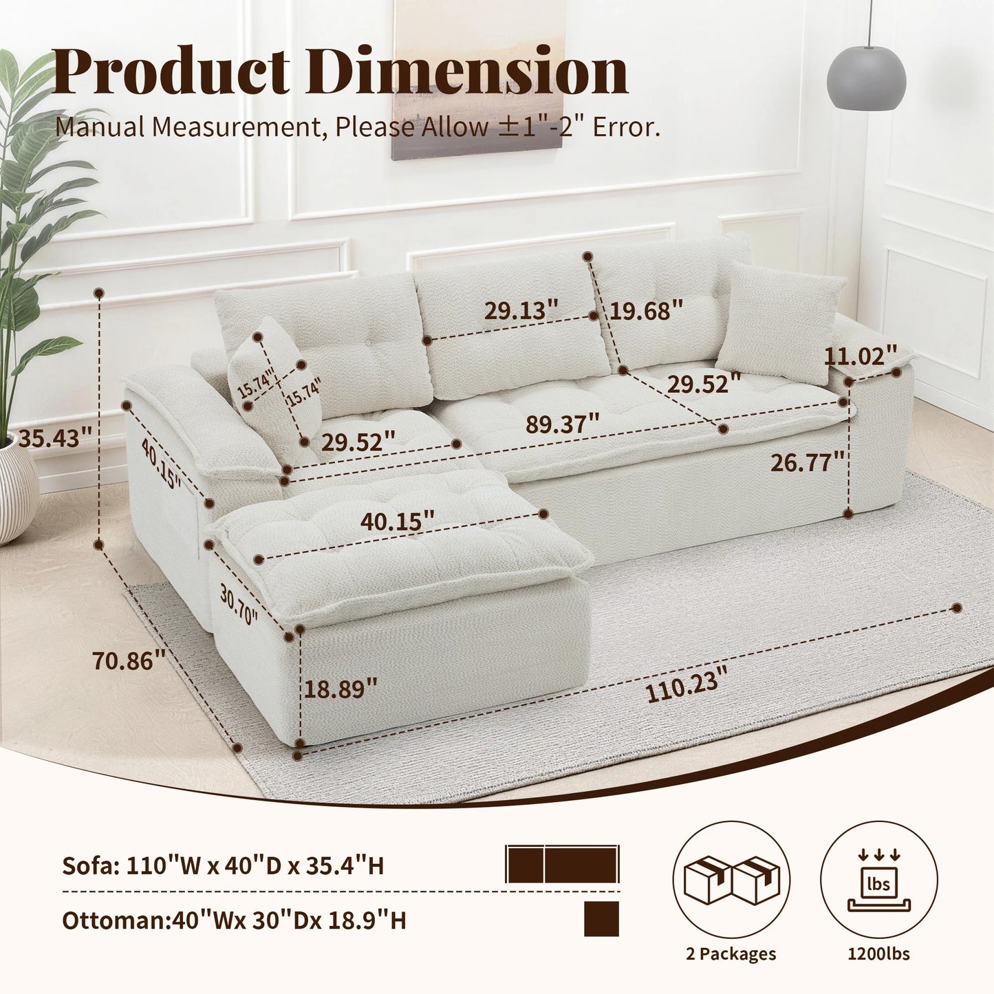 Korser Modern L Shape Cloud Sectional Sofa With Ottoman